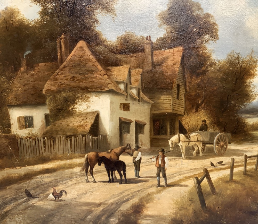 A 19th-century oil painting depicting a rural English village with horses, figures, and cottages on a dirt road, set in a carved gilded frame. View VII