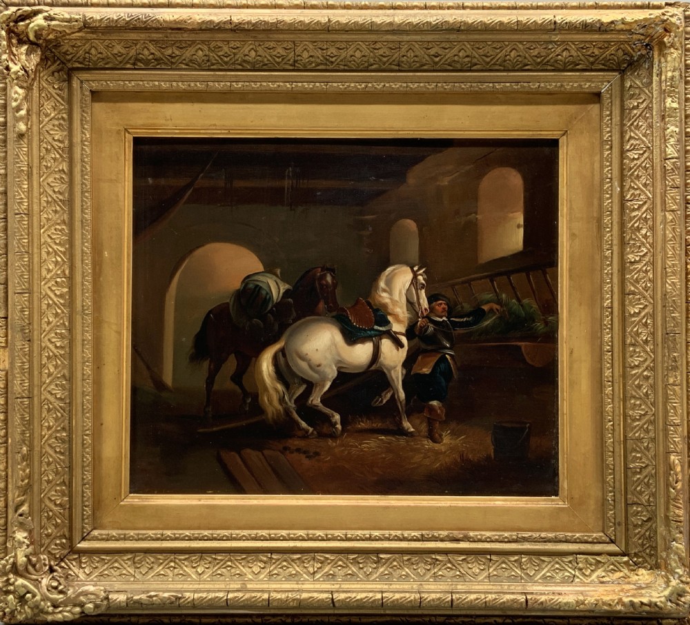 Superb Early 19thC Flemish School Oil on Copper Panel Painting Horses & Stable