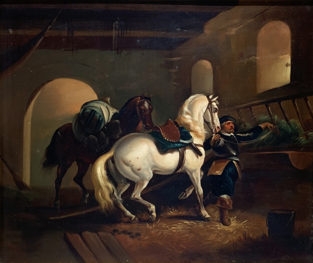 Superb Early 19thC Flemish School Oil on Copper Panel Painting Horses & Stable View II