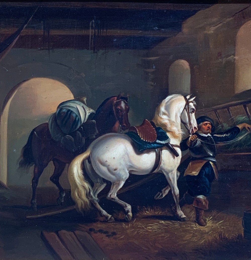 Superb Early 19thC Flemish School Oil on Copper Panel Painting Horses & Stable View IV