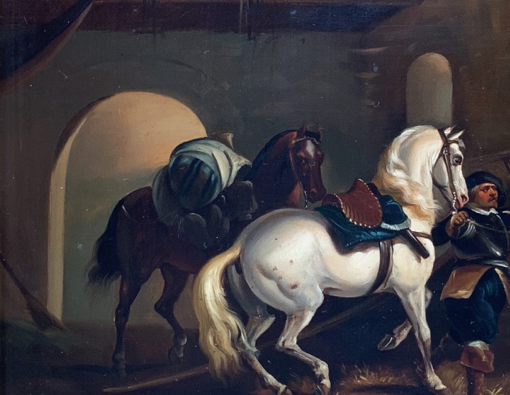 Superb Early 19thC Flemish School Oil on Copper Panel Painting Horses & Stable View V