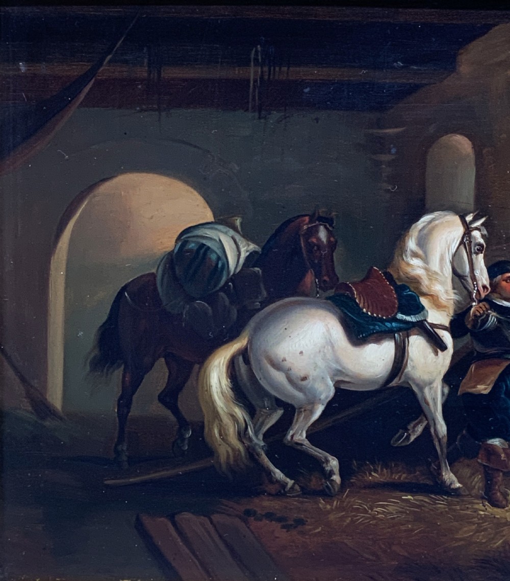 Superb Early 19thC Flemish School Oil on Copper Panel Painting Horses & Stable View VI