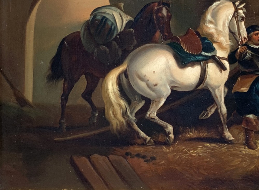 Superb Early 19thC Flemish School Oil on Copper Panel Painting Horses & Stable View VII
