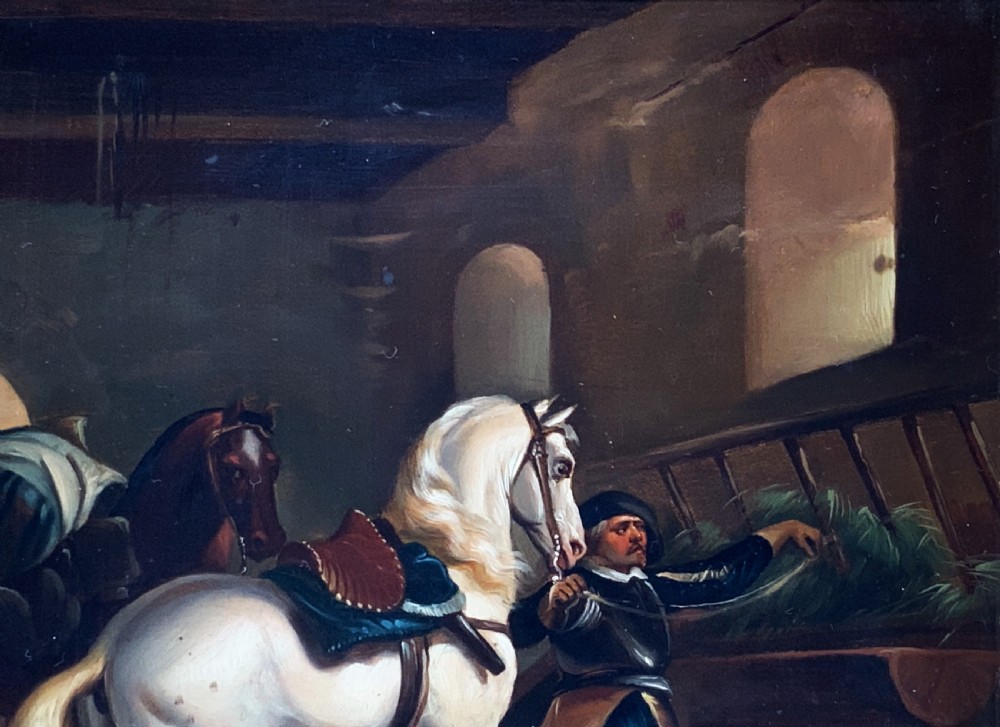 Superb Early 19thC Flemish School Oil on Copper Panel Painting Horses & Stable View VIII