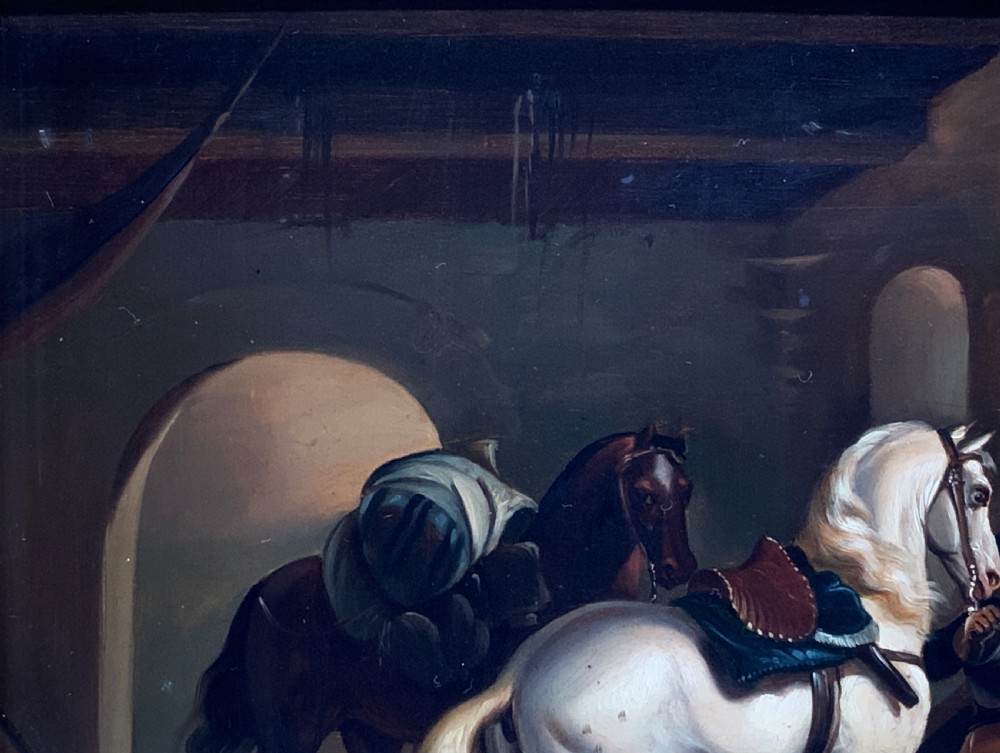 Superb Early 19thC Flemish School Oil on Copper Panel Painting Horses & Stable View IX