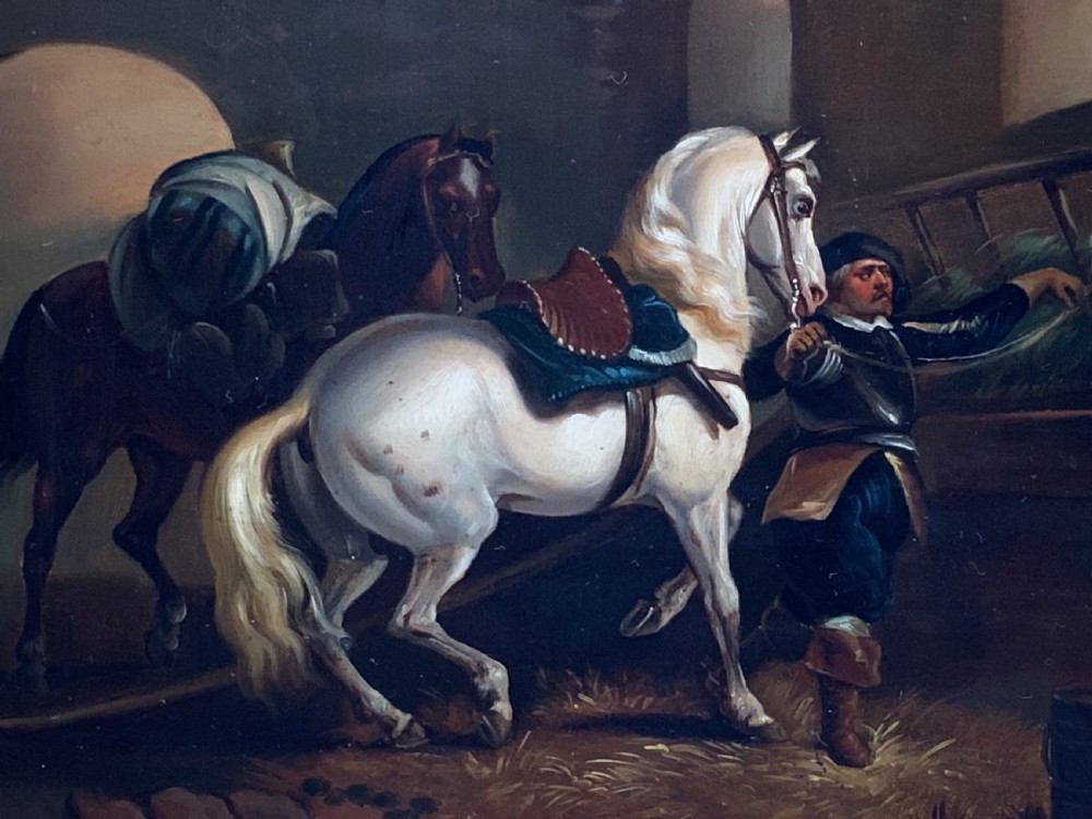 Superb Early 19thC Flemish School Oil on Copper Panel Painting Horses & Stable View X