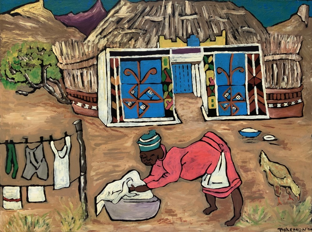 An oil painting on board depicting a figure doing laundry outside a decorated thatched dwelling in an African village landscape. View II