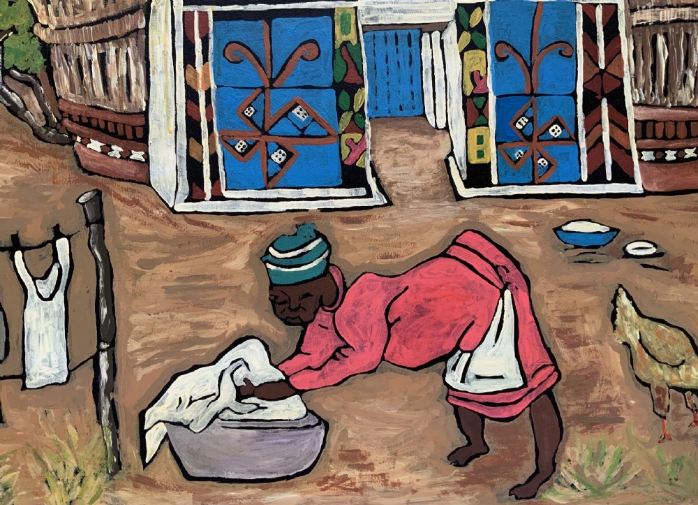 An oil painting on board depicting a figure doing laundry outside a decorated thatched dwelling in an African village landscape. View III