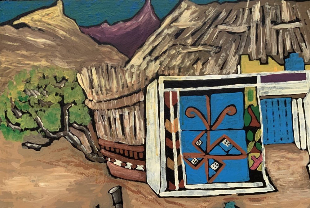 An oil painting on board depicting a figure doing laundry outside a decorated thatched dwelling in an African village landscape. View V