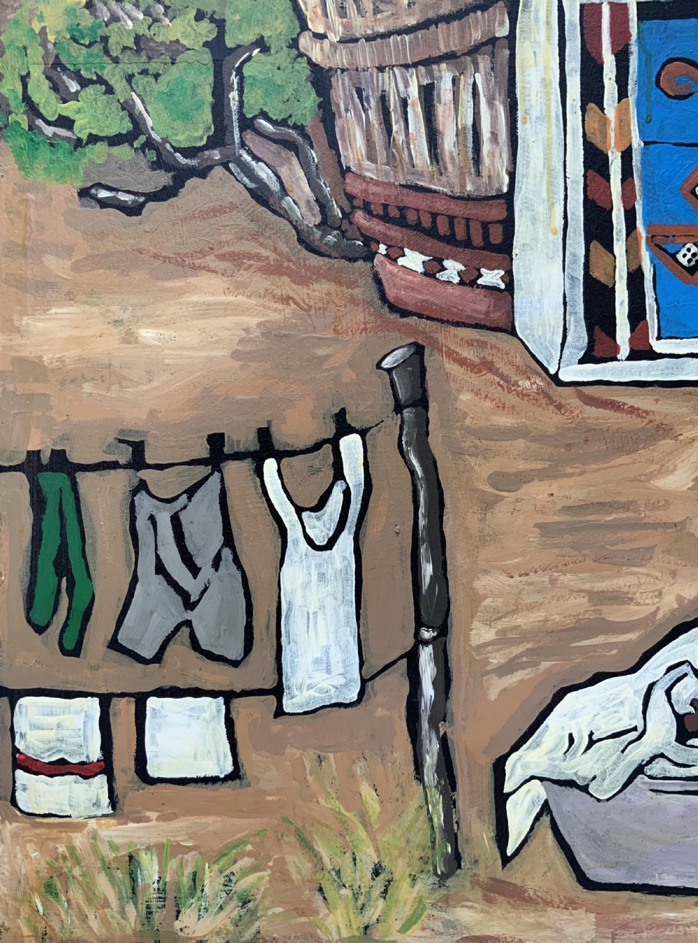 An oil painting on board depicting a figure doing laundry outside a decorated thatched dwelling in an African village landscape. View VIII