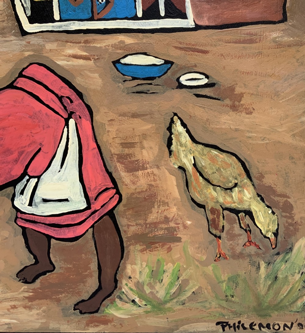 An oil painting on board depicting a figure doing laundry outside a decorated thatched dwelling in an African village landscape. View IX