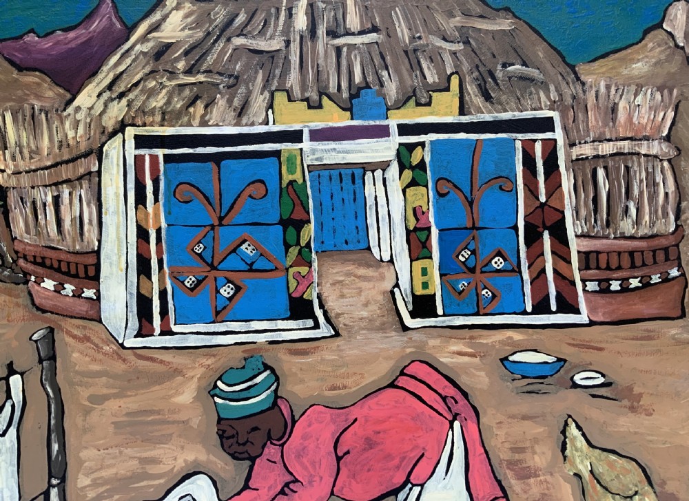 An oil painting on board depicting a figure doing laundry outside a decorated thatched dwelling in an African village landscape. View X