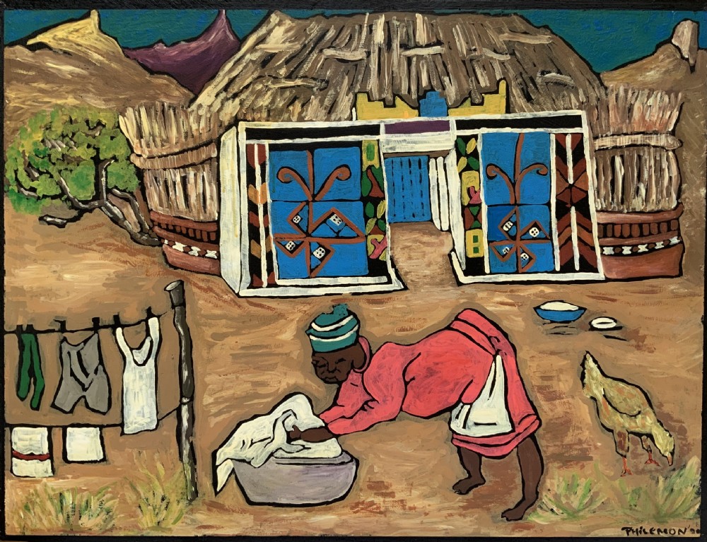 An oil painting on board depicting a figure doing laundry outside a decorated thatched dwelling in an African village landscape. View XII