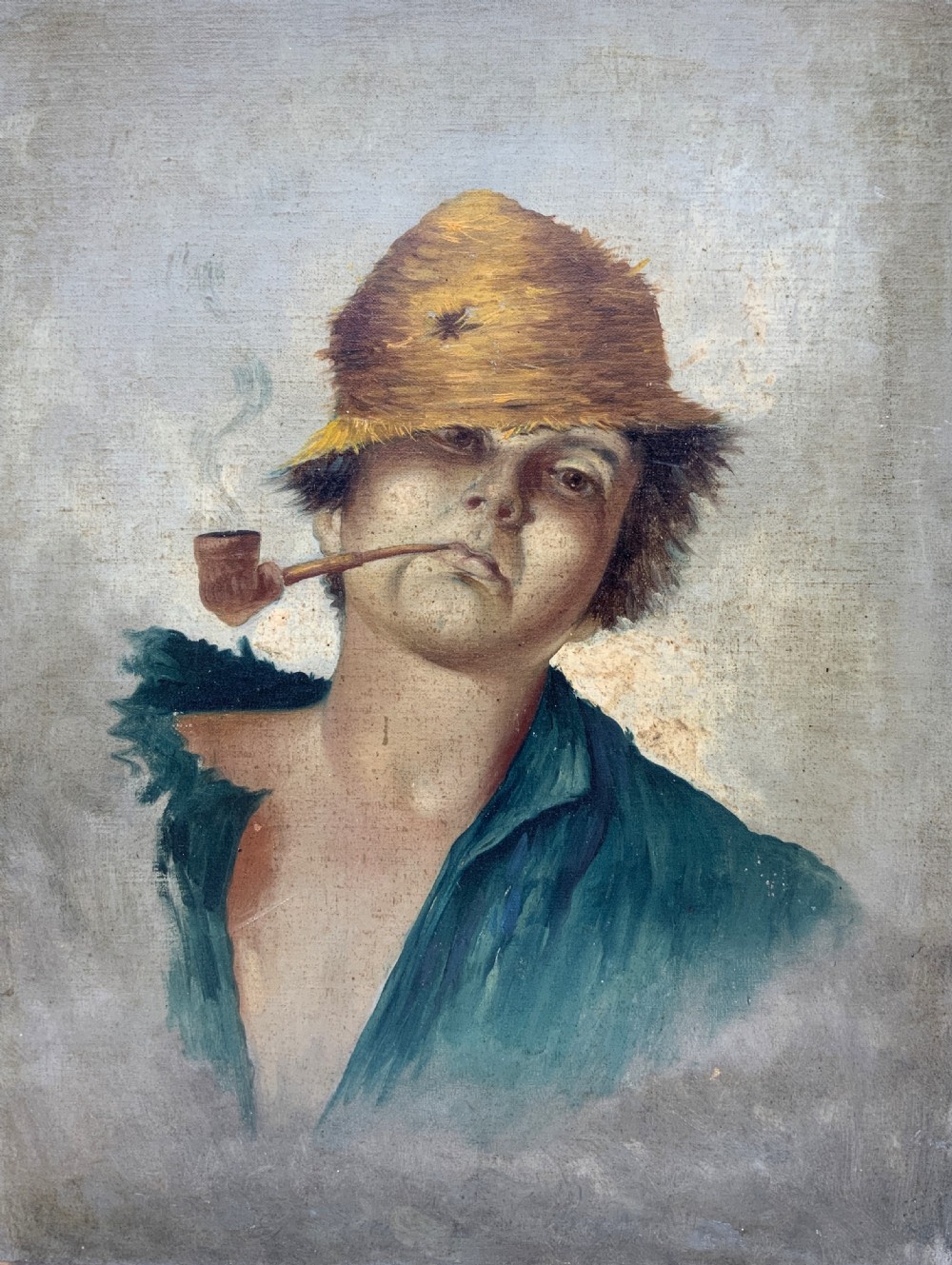 A 19th-century oil portrait of a figure wearing a straw hat and green shirt smoking a pipe, mounted in a gilt frame. View II