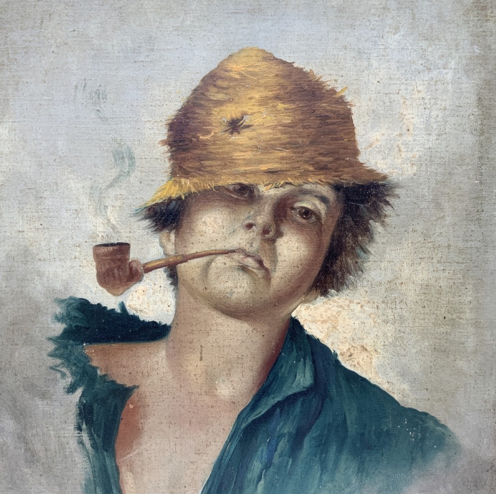 A 19th-century oil portrait of a figure wearing a straw hat and green shirt smoking a pipe, mounted in a gilt frame. View IV