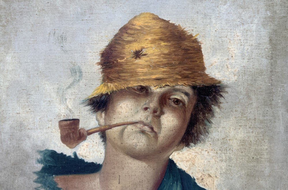 A 19th-century oil portrait of a figure wearing a straw hat and green shirt smoking a pipe, mounted in a gilt frame. View VI