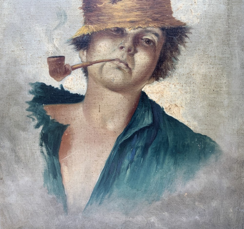 A 19th-century oil portrait of a figure wearing a straw hat and green shirt smoking a pipe, mounted in a gilt frame. View VII