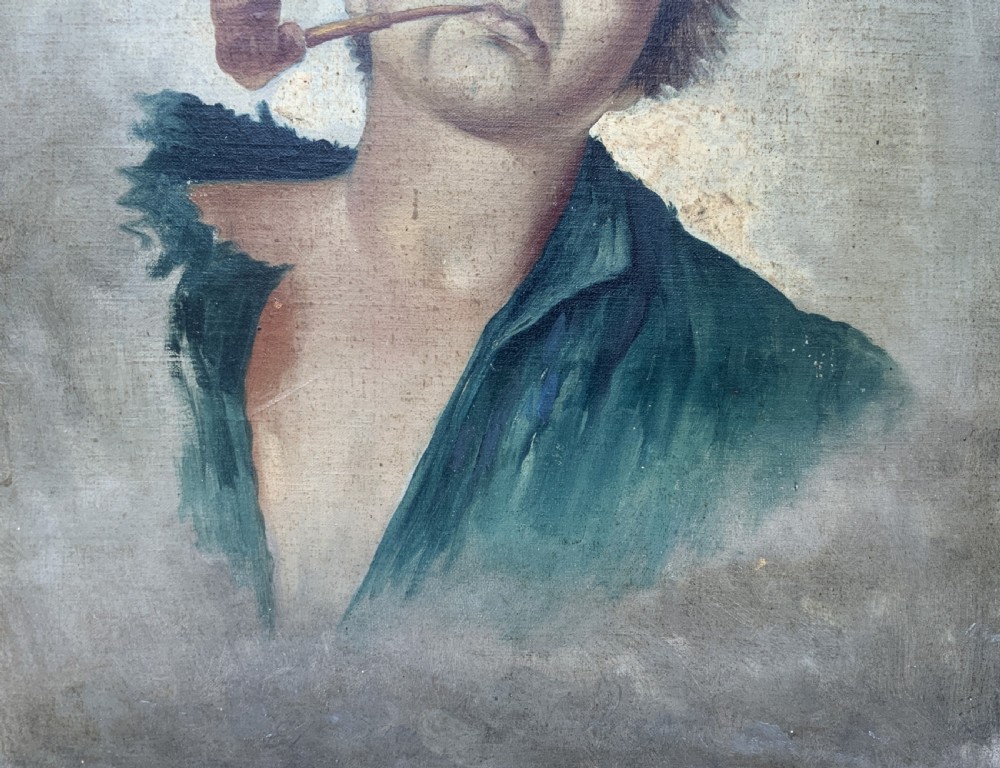 A 19th-century oil portrait of a figure wearing a straw hat and green shirt smoking a pipe, mounted in a gilt frame. View VIII