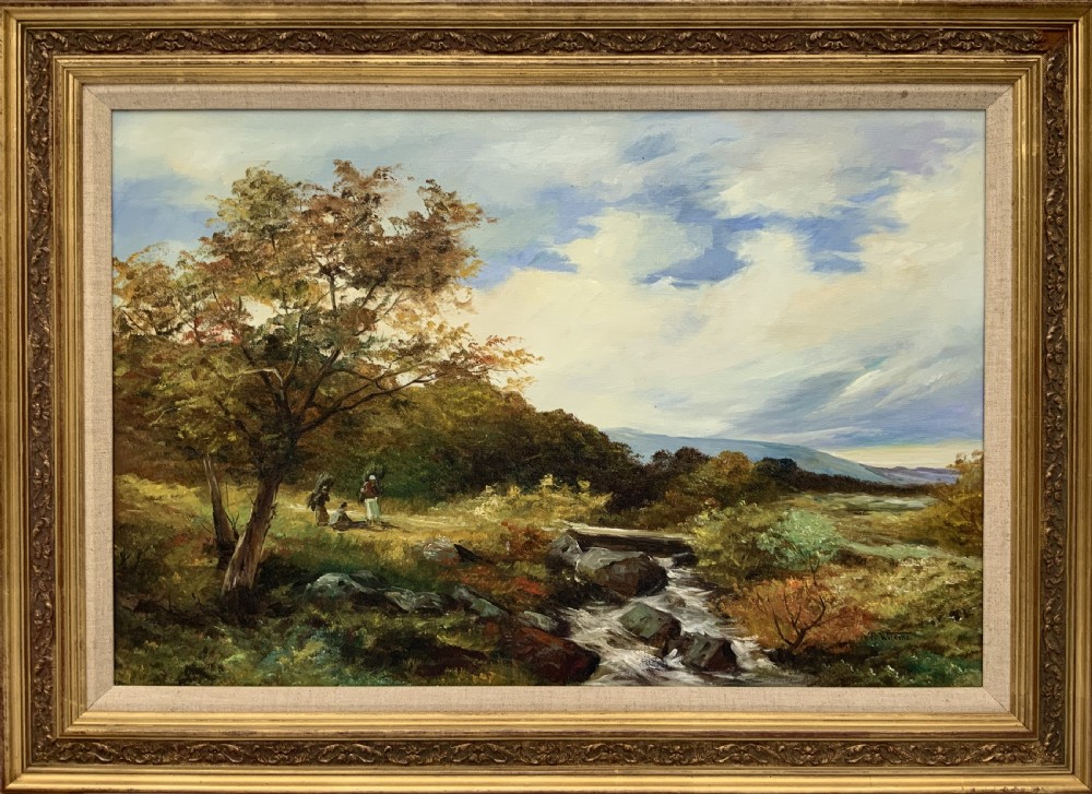 An oil painting on canvas depicting an autumnal countryside landscape with a running stream, trees, distant hills, and a gilded ornate wooden frame with a fabric slip.