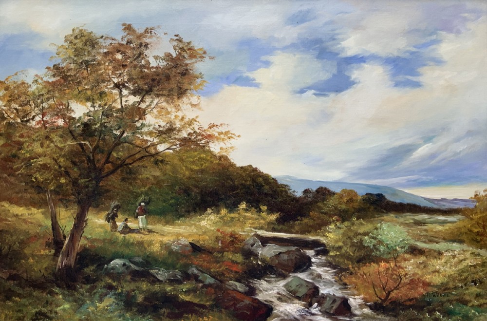 An oil painting on canvas depicting an autumnal countryside landscape with a running stream, trees, distant hills, and a gilded ornate wooden frame with a fabric slip. View II