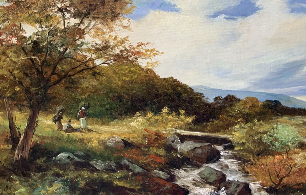 An oil painting on canvas depicting an autumnal countryside landscape with a running stream, trees, distant hills, and a gilded ornate wooden frame with a fabric slip. View III