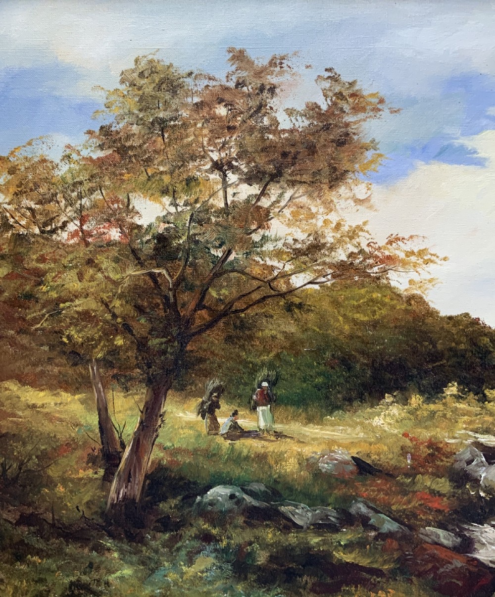 An oil painting on canvas depicting an autumnal countryside landscape with a running stream, trees, distant hills, and a gilded ornate wooden frame with a fabric slip. View VI