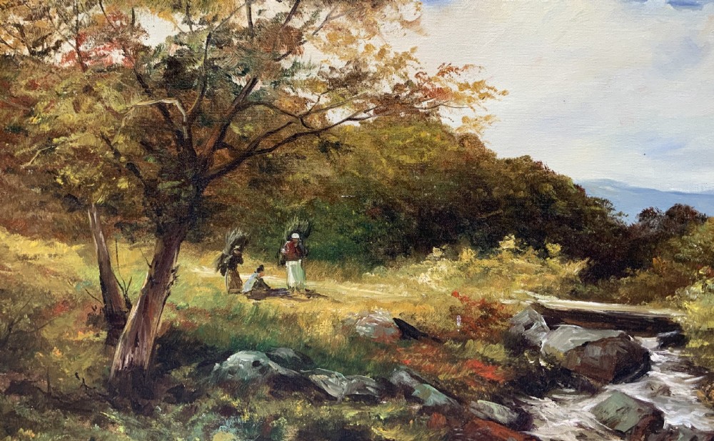 An oil painting on canvas depicting an autumnal countryside landscape with a running stream, trees, distant hills, and a gilded ornate wooden frame with a fabric slip. View VII