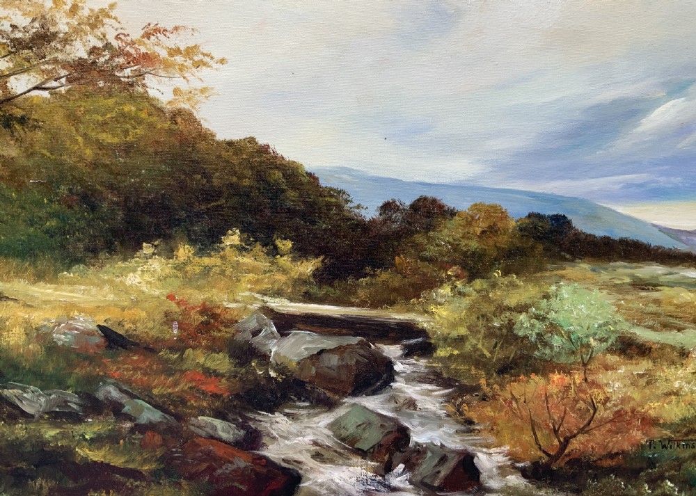 An oil painting on canvas depicting an autumnal countryside landscape with a running stream, trees, distant hills, and a gilded ornate wooden frame with a fabric slip. View VIII