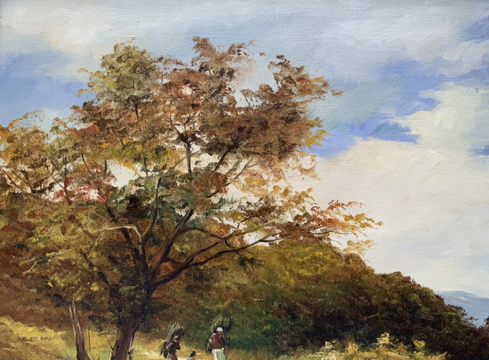 An oil painting on canvas depicting an autumnal countryside landscape with a running stream, trees, distant hills, and a gilded ornate wooden frame with a fabric slip. View IX