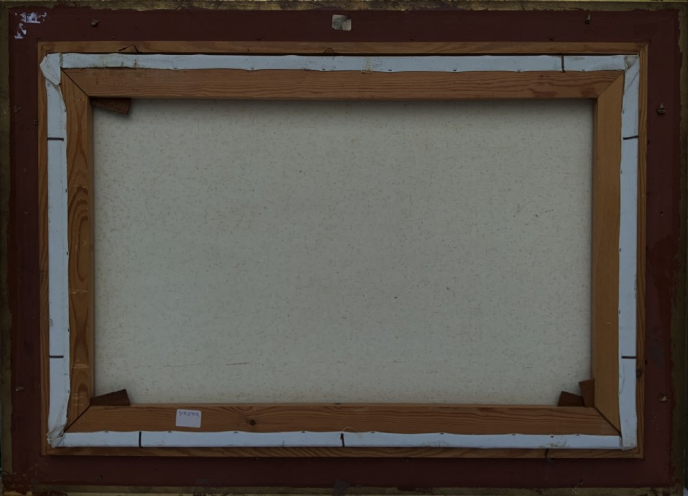An oil painting on canvas depicting an autumnal countryside landscape with a running stream, trees, distant hills, and a gilded ornate wooden frame with a fabric slip. View XI