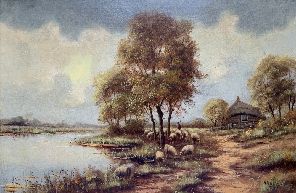 A framed oil painting on canvas depicting a rural autumn landscape with sheep grazing along a riverbank near a cottage under a cloudy sky. View II