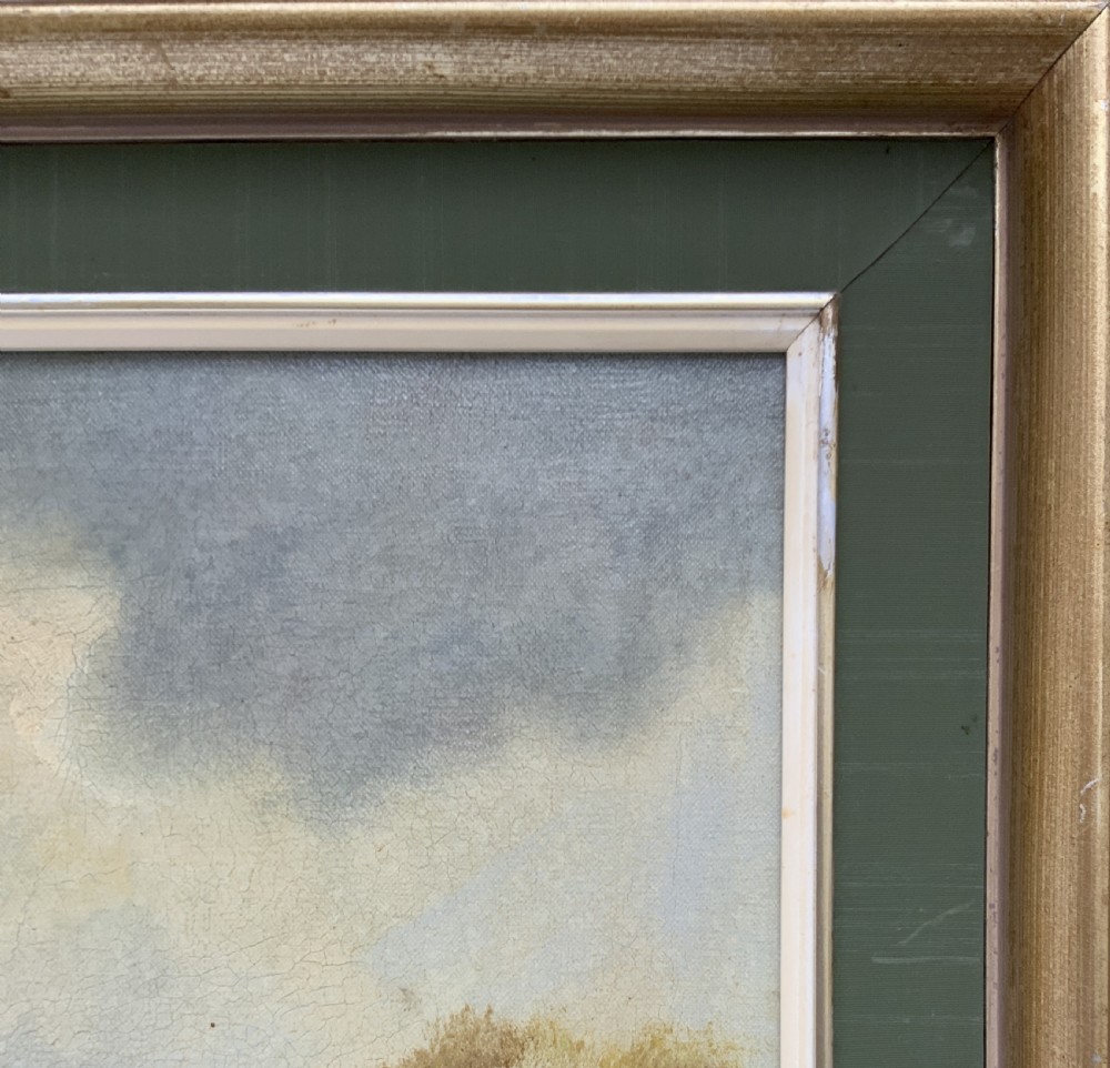 A framed oil painting on canvas depicting a rural autumn landscape with sheep grazing along a riverbank near a cottage under a cloudy sky. View X