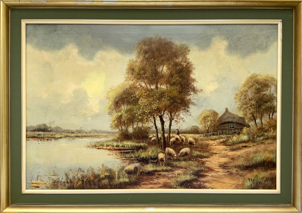 A framed oil painting on canvas depicting a rural autumn landscape with sheep grazing along a riverbank near a cottage under a cloudy sky. View XII