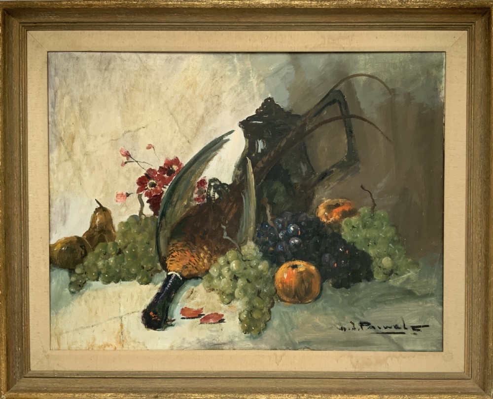 An impressionist oil painting depicting a game bird surrounded by grapes, pears, apples, and a dark pitcher set within a moulded wood frame.