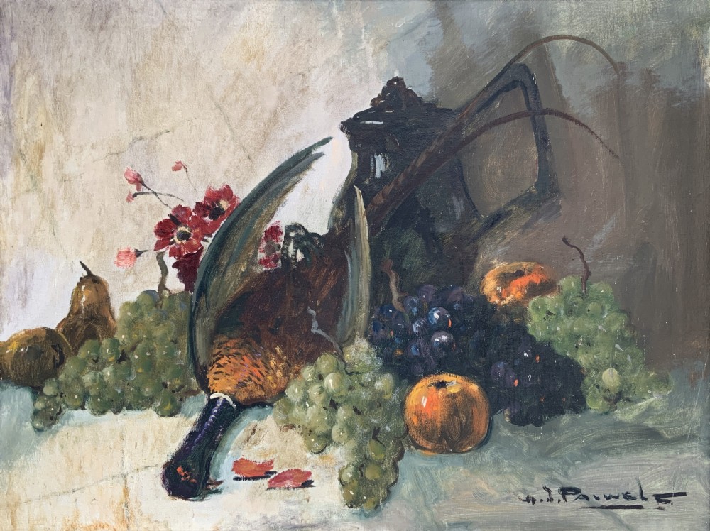 An impressionist oil painting depicting a game bird surrounded by grapes, pears, apples, and a dark pitcher set within a moulded wood frame. View II