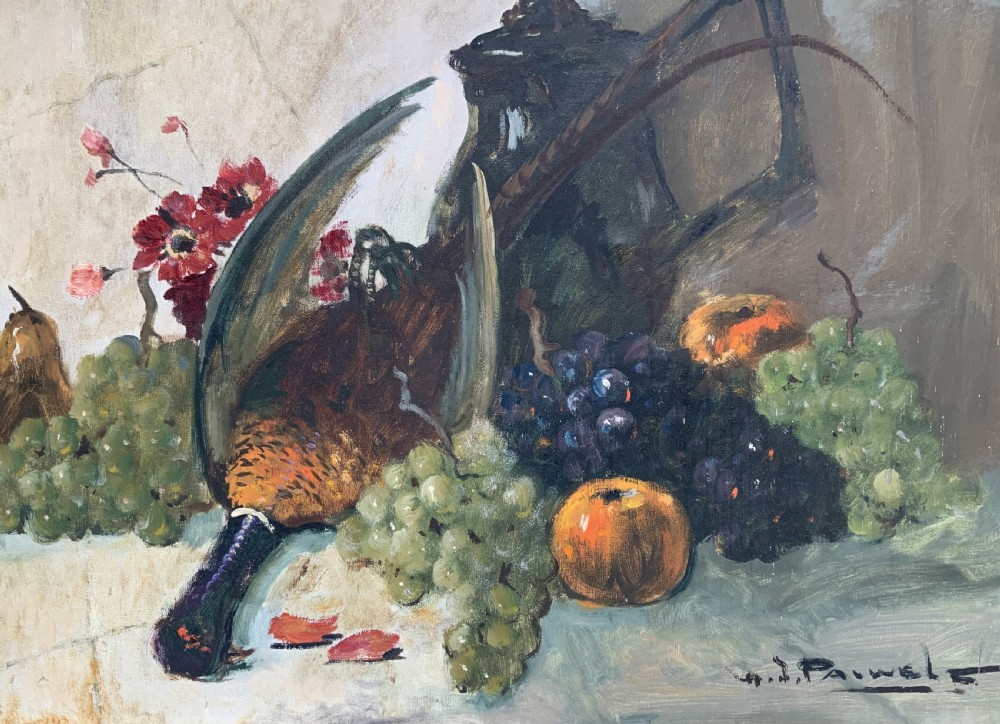 An impressionist oil painting depicting a game bird surrounded by grapes, pears, apples, and a dark pitcher set within a moulded wood frame. View III