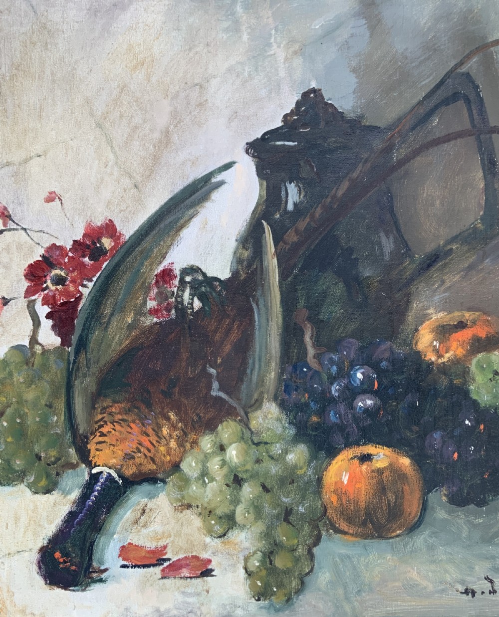 An impressionist oil painting depicting a game bird surrounded by grapes, pears, apples, and a dark pitcher set within a moulded wood frame. View IV
