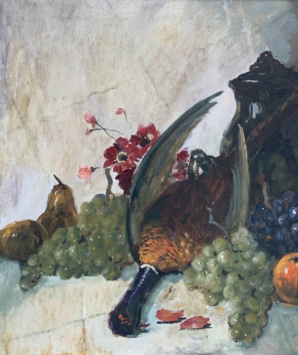 An impressionist oil painting depicting a game bird surrounded by grapes, pears, apples, and a dark pitcher set within a moulded wood frame. View VI