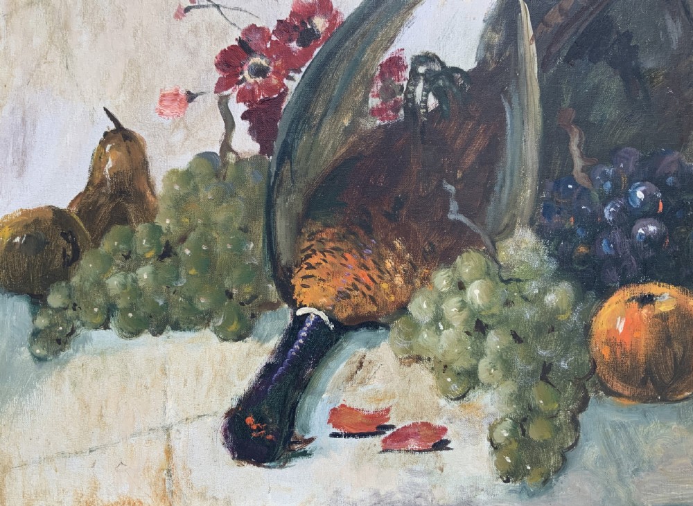 An impressionist oil painting depicting a game bird surrounded by grapes, pears, apples, and a dark pitcher set within a moulded wood frame. View VII