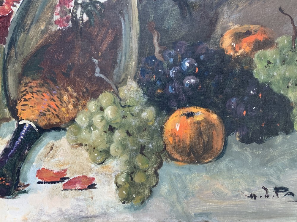 An impressionist oil painting depicting a game bird surrounded by grapes, pears, apples, and a dark pitcher set within a moulded wood frame. View VIII