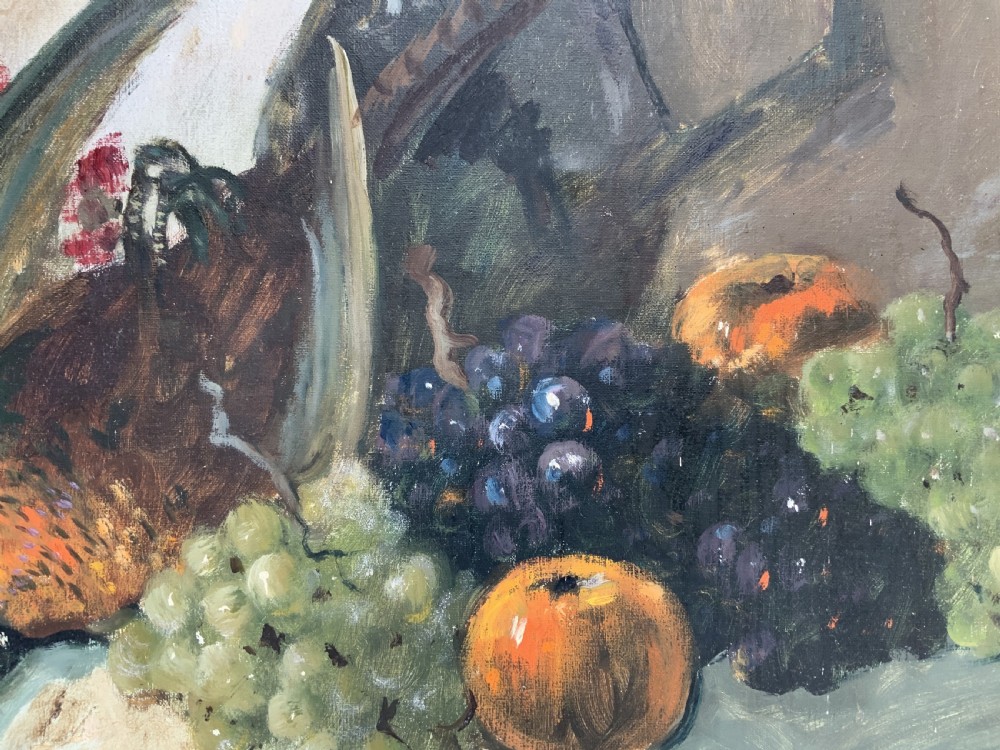 An impressionist oil painting depicting a game bird surrounded by grapes, pears, apples, and a dark pitcher set within a moulded wood frame. View IX