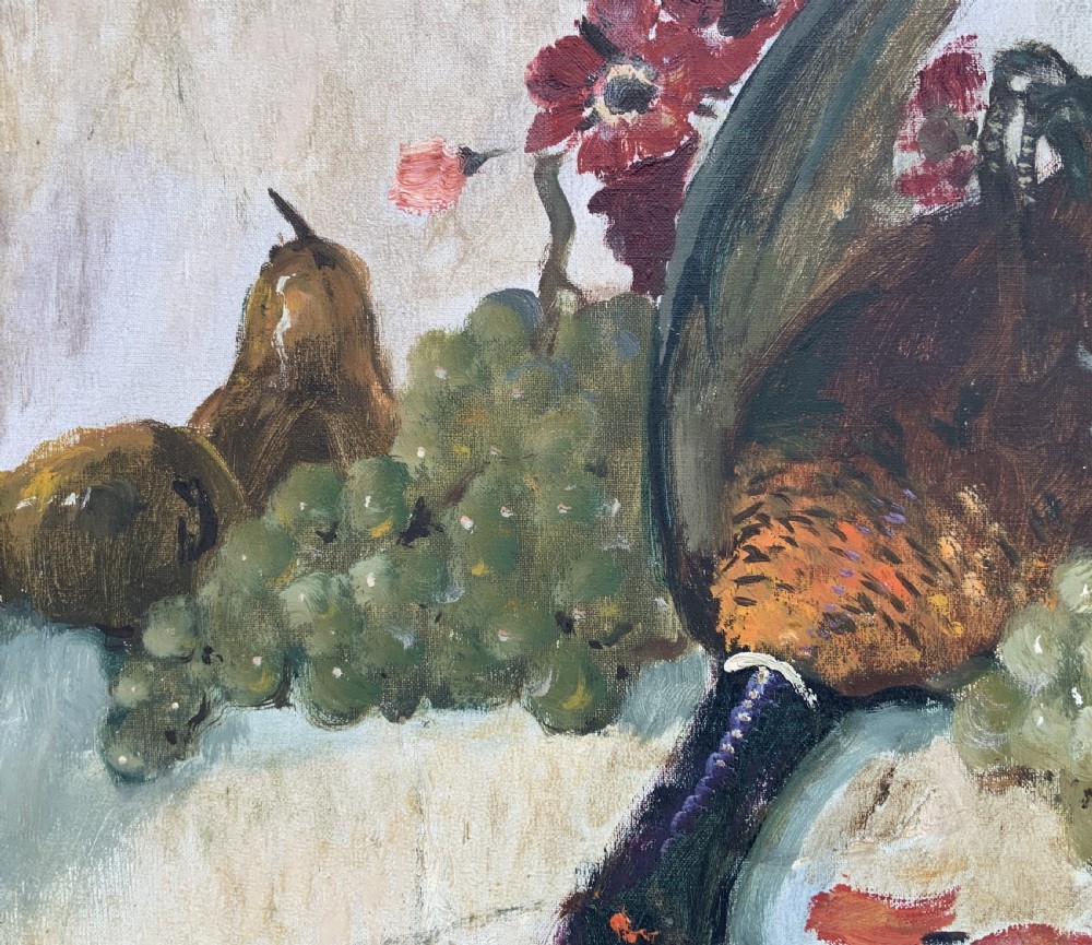 An impressionist oil painting depicting a game bird surrounded by grapes, pears, apples, and a dark pitcher set within a moulded wood frame. View X