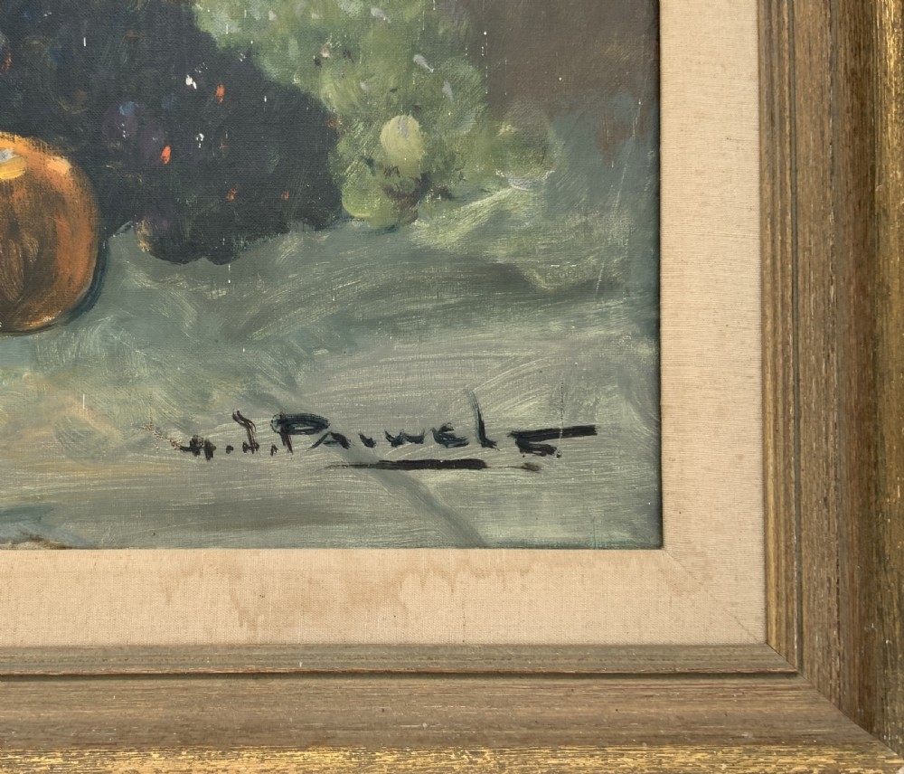 An impressionist oil painting depicting a game bird surrounded by grapes, pears, apples, and a dark pitcher set within a moulded wood frame. View XI