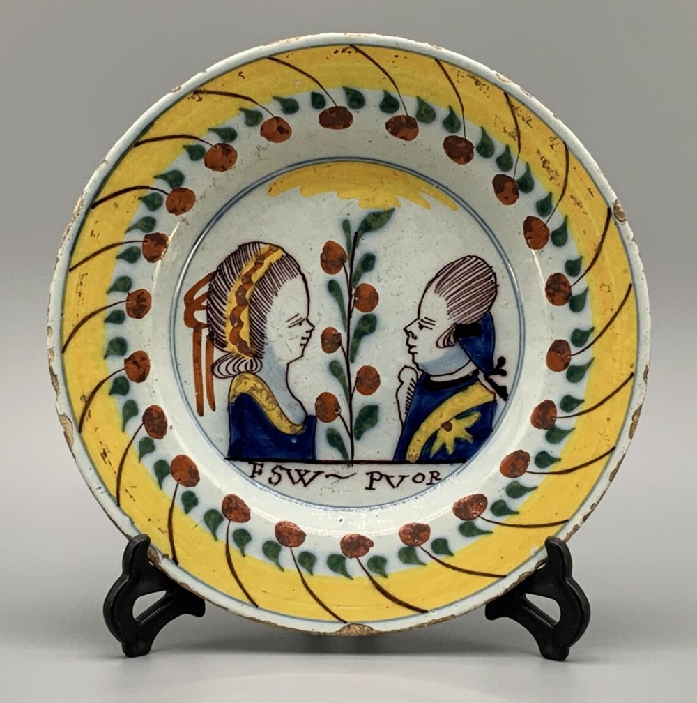 18thC Dutch Delft Prince William of Orange & Wife Polychrome Charger Plate Dish