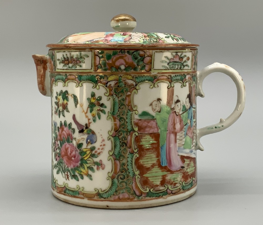 A 19th-century Chinese export porcelain barrel-form coffee pot with cover, decorated with famille rose enamel figural reserves and floral patterns.