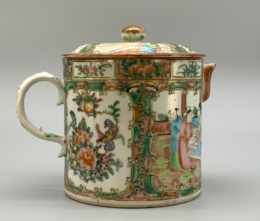 A 19th-century Chinese export porcelain barrel-form coffee pot with cover, decorated with famille rose enamel figural reserves and floral patterns. View VI