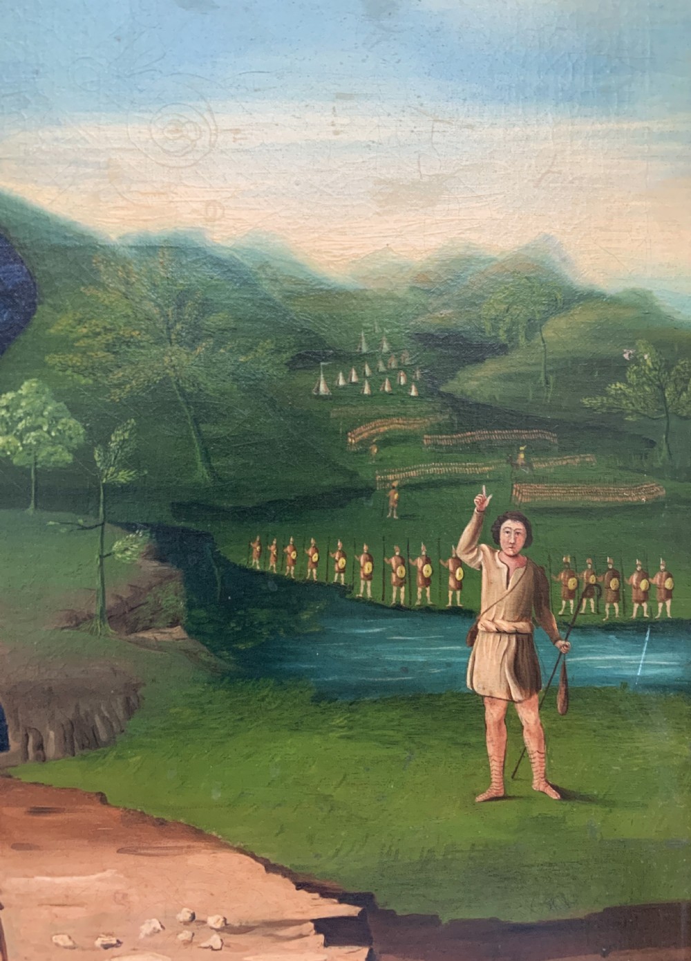 An antique framed oil painting depicting Goliath clad in ornate gold and blue armour holding a spear, with David standing across a stream in the background. View VII