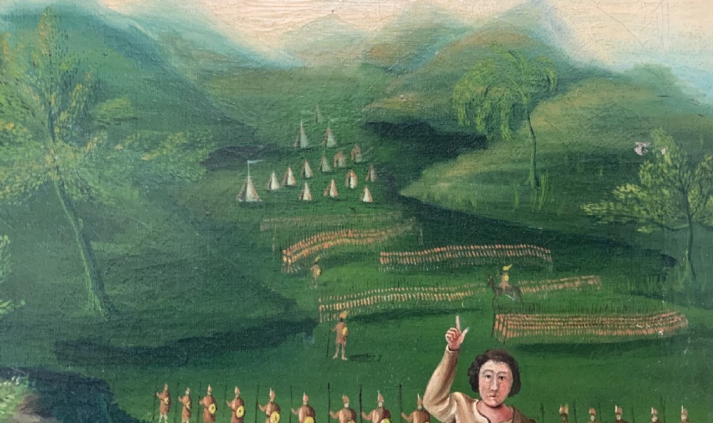 An antique framed oil painting depicting Goliath clad in ornate gold and blue armour holding a spear, with David standing across a stream in the background. View XI