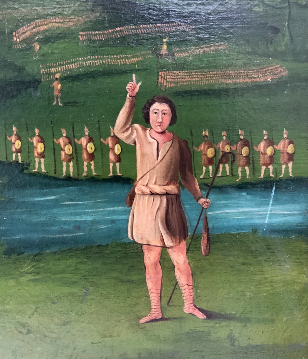 An antique framed oil painting depicting Goliath clad in ornate gold and blue armour holding a spear, with David standing across a stream in the background. View XV