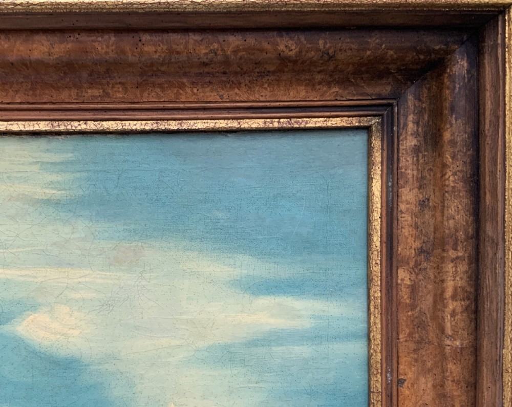 An antique framed oil painting depicting Goliath clad in ornate gold and blue armour holding a spear, with David standing across a stream in the background. View XVI